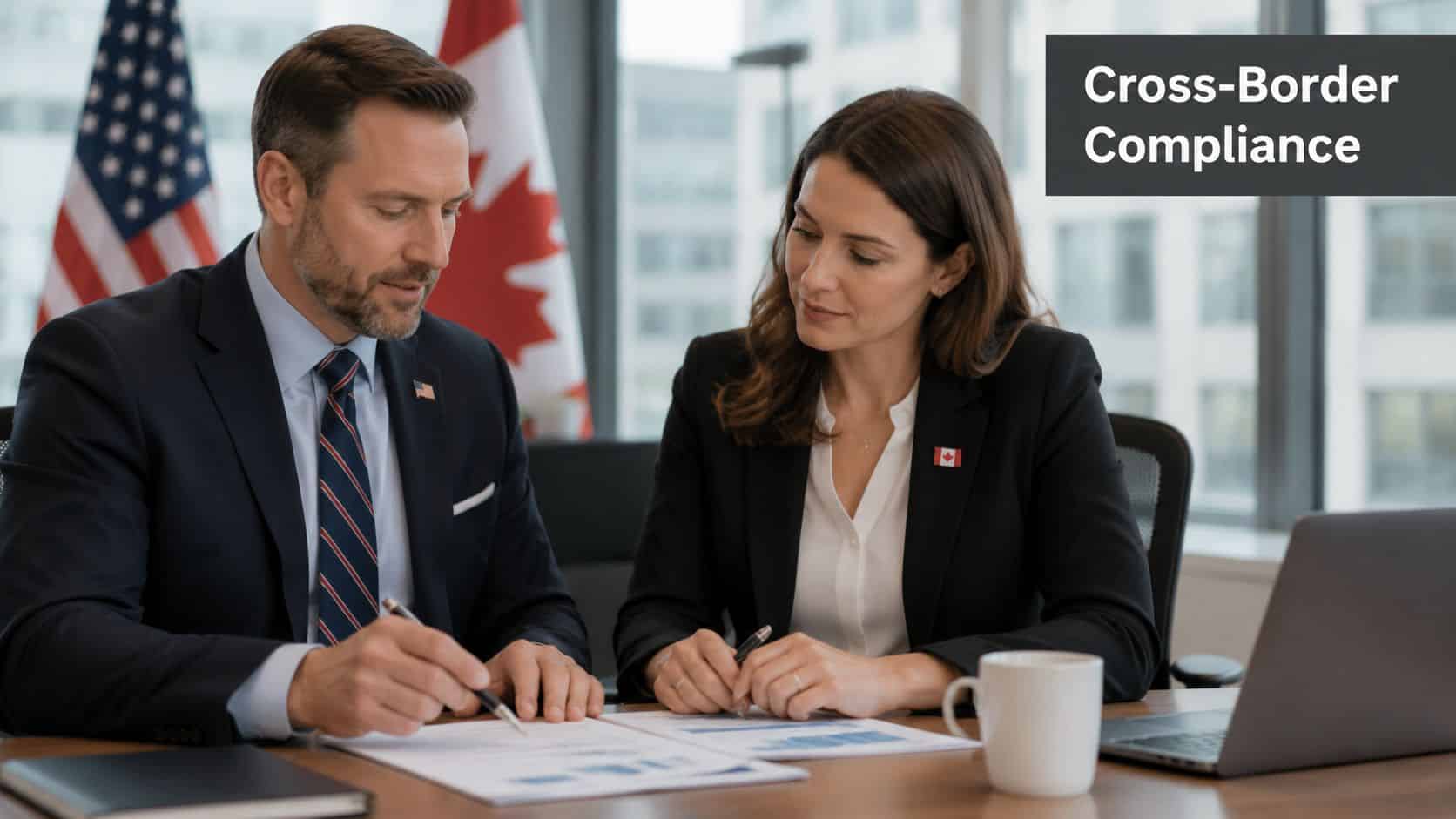 A professional man and woman review documents together in an office with Canadian and American flags.
