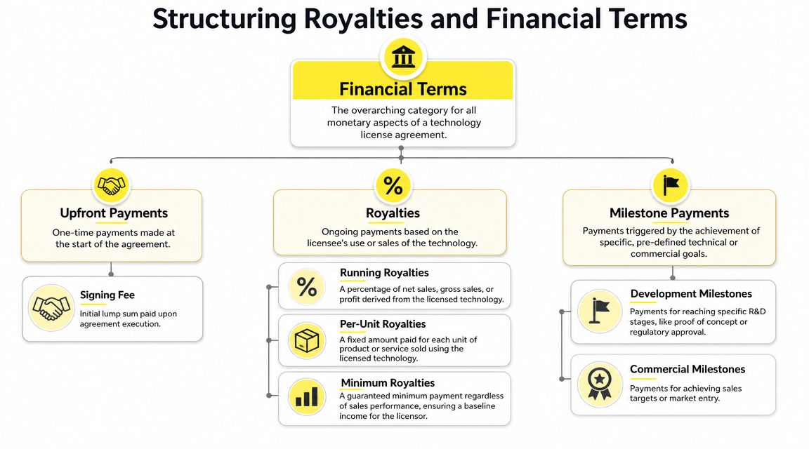 A diagram illustrating the financial terms of a technology licensing agreement, including upfront, royalty, and milestone payments.