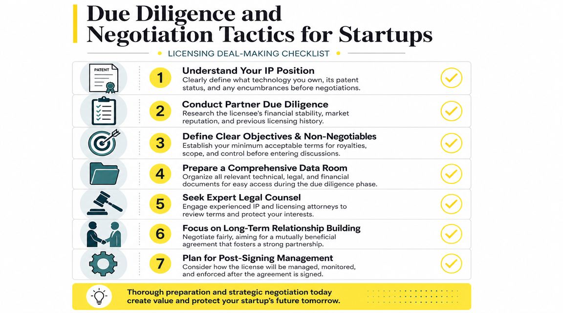 A seven-step checklist infographic titled Due Diligence and Negotiation Tactics for Startups regarding licensing deals.