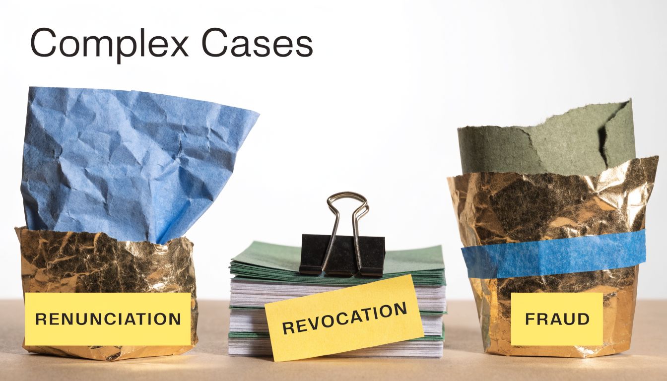 A conceptual display featuring the words Renunciation, Revocation, and Fraud on paper stacks, representing complex citizenship cases.