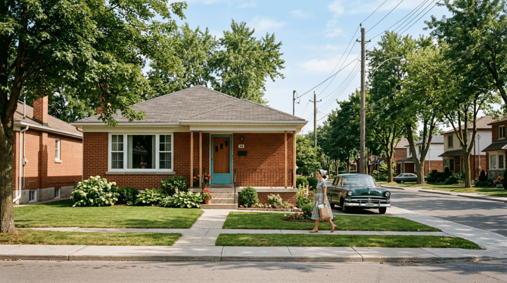 A woman walking on a sidewalk past a single-story brick house and a vintage car parked on the street