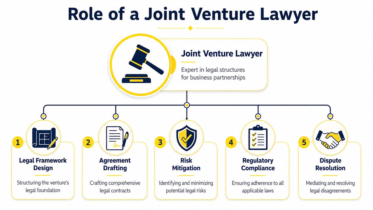 An infographic detailing the five key roles of a joint venture lawyer in business partnerships.